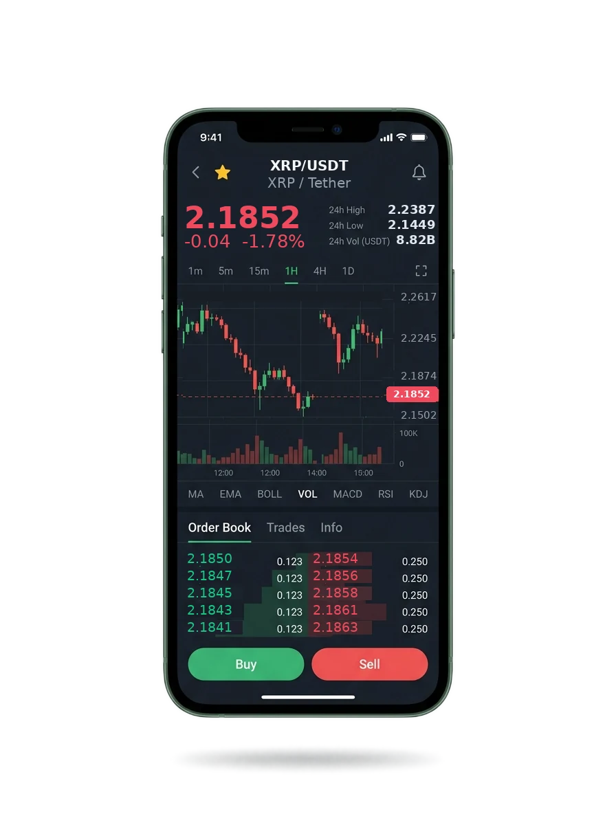 The BitPrime Core mobile app showing a watchlist, a signal card and an account balance